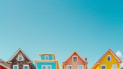 A row of colorful houses against a blue sky.