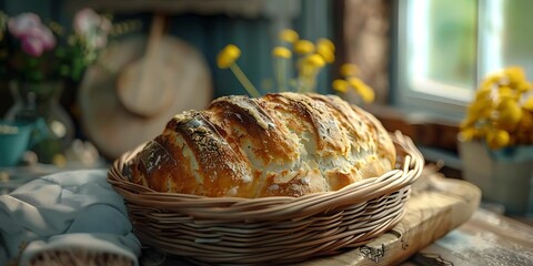 Poster - Close-Up of Freshly Baked Bread in a Wicker Basket - Realistic Photo