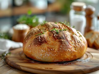 Poster - Close-Up of a Freshly Baked Loaf of Bread with Thyme and Sesame Seeds on a Wooden Cutting Board - Realistic Image