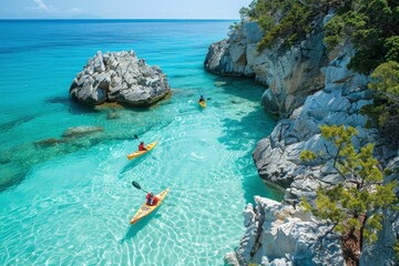 Wall Mural - two people in kayaks paddling in the clear blue water