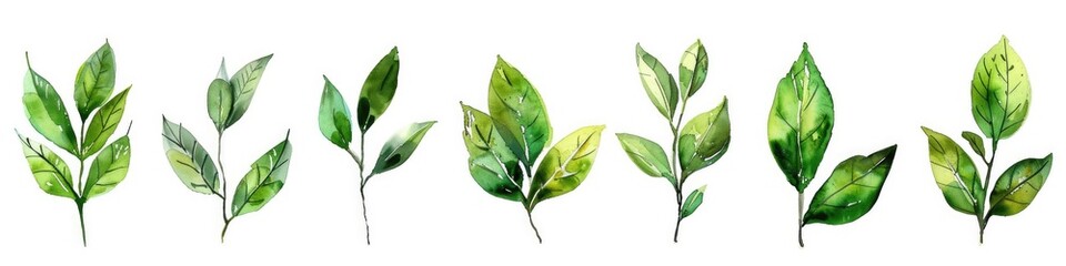 Leaves Watercolor Set. Green Leaf, Branches and Plants. Hand-painted Floral Illustration on Isolated White Background