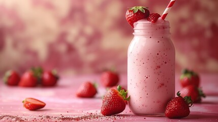 Sticker - Strawberry Smoothie in a Glass Jar With a Straw and Fresh Strawberries