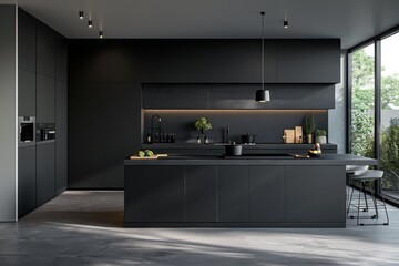 Wall Mural - Kitchen with Matte Finishes and Clean Cabinets: A minimalist kitchen mockup with matte-finished cabinets and a sleek design.