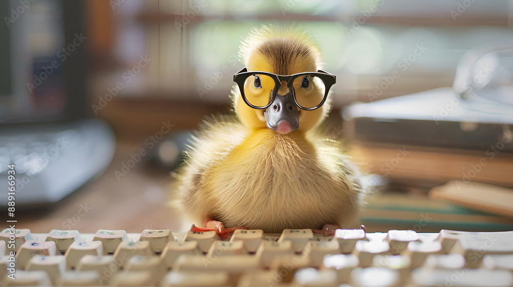 A small yellow duck on the computer keyboard. Work in the office at the ...