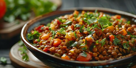 Poster - Lentil Salad With Tomatoes, Onions, and Parsley -  Food Photography