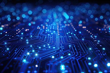 Poster - Abstract blue circuit board with glowing lights. Perfect for showcasing technological advancements, innovation, or the digital world.