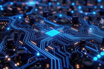 Poster - A close-up shot of a glowing circuit board. This image is perfect for representing technology, innovation, and the future.