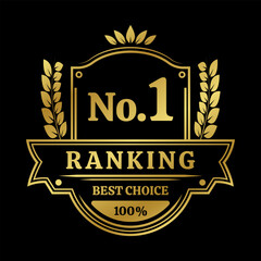 Ranking award. No. 1 rank icon. First place emblem with laurel wreath. Number 1, Best choice label or badge. Vector illustration.