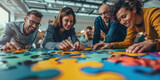 Group of colleagues solving a large colorful puzzle together, engaging in team-building activities in a modern office environment.