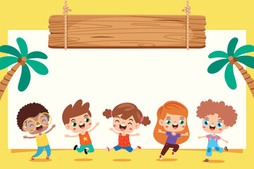 Wall Mural - Cartoon Kids With A Blank Frame