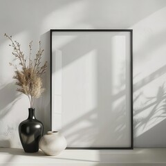 Wall Mural - minimalist vertical black picture frame mockup on textured white wall casting subtle shadow in contemporary interior setting