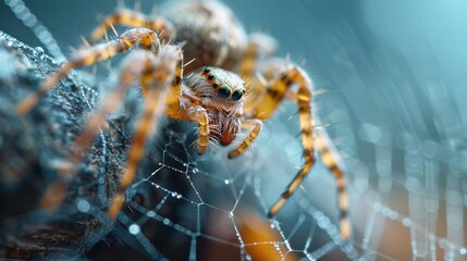 Close-up view of a yellow, fuzzy spider as it rests on its delicate web, beautifully entangled within the tiny strands which shimmer under the bright lighting, giving a magical essence.