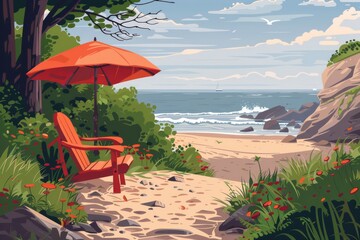 Sticker - Red umbrella and chair on rocky beach sunny day inviting coastal setting tranquil scene vibrant summer vibes peaceful retreat natures beauty