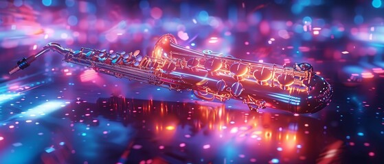 Wall Mural - Abstract soprano saxophone glowing with neon lights