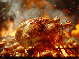 Wall Mural - Grilled Chicken on the Grill with Onions and Rosemary, Realistic Photo