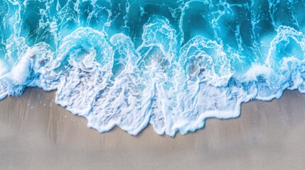 Aerial drone view or top view perspective photography of a beautiful transparent clear sea or ocean waves and foam splashing on the dark navy blue sand beach 