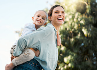 Wall Mural - Portrait, mom and piggyback boy in outdoor for bonding activity, playful fun and childhood happiness in park. Mother, child and back hug in nature for sunshine adventure, weekend break and affection.