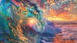 © Li - Sunset Sun Shining through Spiral Hole in Wave amidst Iridescent Rainbow-Colored Ocean
