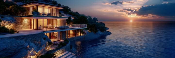 Wall Mural - Luxury villa on a beautiful ocean island, sunset