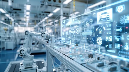 Poster - A futuristic assembly line with robotic arms and a conveyor belt, building cars in a modern automated factory setting