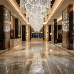 opulent hotel lobby with cascading crystal chandeliers marble floors reflect shimmering light creating atmosphere of luxury and grandeur