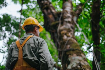 Poster - man with hard hat standing in front of a tree inspect