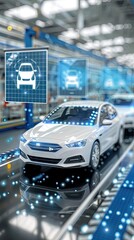 Poster - A futuristic assembly line with robotic arms and a conveyor belt, building cars in a modern automated factory setting.