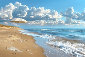 Wall Mural - Empty sandy beach with clear blue sky calm ocean waves serene coastal view peaceful retreat vibrant summer day inviting seaside setting tranquil atmosphere