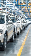Poster - A futuristic assembly line with robotic arms and a conveyor belt, building cars in a modern automated factory setting.