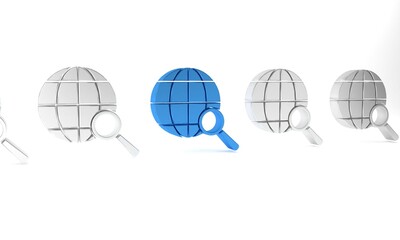 Poster - Blue Magnifying glass with globe icon isolated on white background. Analyzing the world. Global search sign. Minimalism concept. 3D render illustration