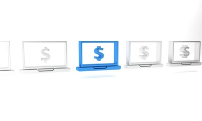 Wall Mural - blue laptop with dollar symbol icon isolated on white background. online shopping concept. earnings 