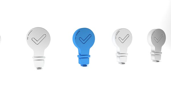 Blue Light bulb and check mark icon isolated on white background. Concept of idea. Minimalism concept. 3D render illustration