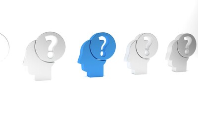 Canvas Print - Blue Human head with question mark icon isolated on white background. Minimalism concept. 3D render illustration