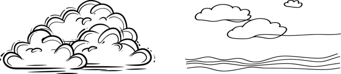 Aufkleber - Drawing of sun and clouds in continuous line art
