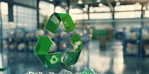 Warehouse recycling sign with green background and text, used for environmental or industrial themes