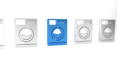 Sticker - Blue Washer icon isolated on white background. Washing machine icon. Clothes washer - laundry machine. Home appliance symbol. Minimalism concept. 3D render illustration