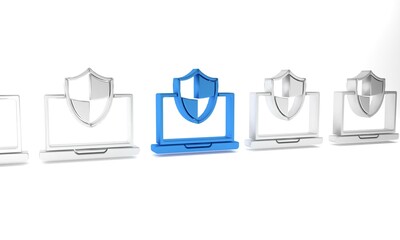 Aufkleber - Blue Laptop protected with shield icon isolated on white background. PC security, firewall technology, privacy safety. Minimalism concept. 3D render illustration