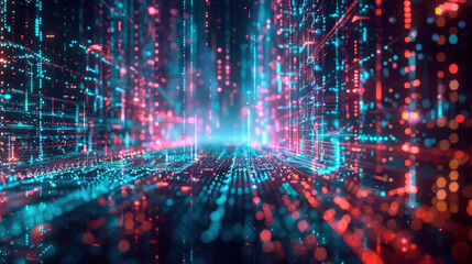 Poster - Abstract digital data network with colorful glowing lights representing futuristic technology and cyber space