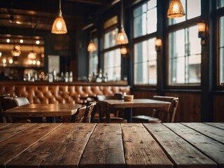 Poster - Defocused restaurant interior with an empty wooden table in vintage hue