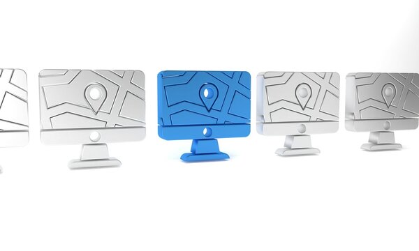 Blue Computer monitor and folded map with location marker icon isolated on white background. Minimalism concept. 3D render illustration