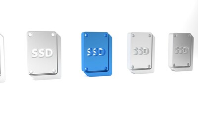 Poster - Blue SSD card icon isolated on white background. Solid state drive sign. Storage disk symbol. Minimalism concept. 3D render illustration