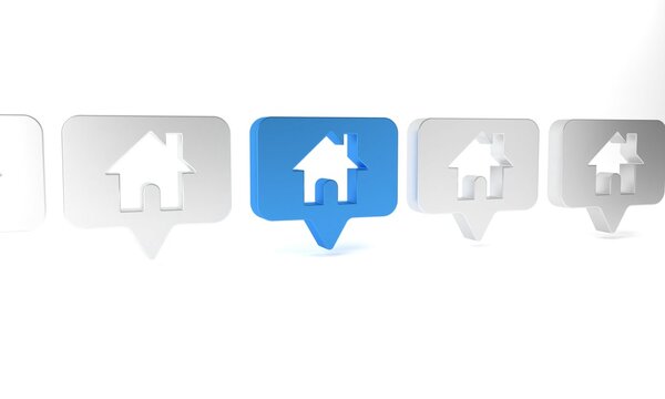 Blue Map pointer with house icon isolated on white background. Home location marker symbol. Minimalism concept. 3D render illustration