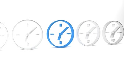 Wall Mural - Blue Clock icon isolated on white background. Time symbol. Minimalism concept. 3D render illustration