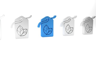 Sticker - Blue Tag with leaf symbol icon isolated on white background. Banner, label, tag, logo, sticker for eco green. Minimalism concept. 3D render illustration