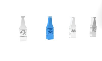 Poster - Blue Beer bottle with four leaf clover icon isolated on white background. Happy Saint Patricks day. Minimalism concept. 3D render illustration