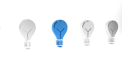 Canvas Print - Blue Light bulb with concept of idea icon isolated on white background. Energy and idea symbol. Inspiration concept. Minimalism concept. 3D render illustration