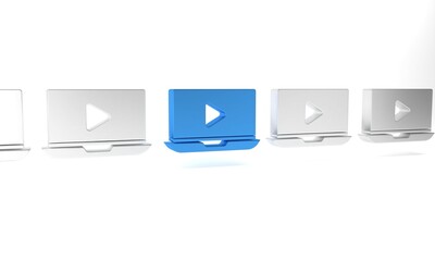 Poster - Blue Online play video icon isolated on white background. Laptop and film strip with play sign. Minimalism concept. 3D render illustration