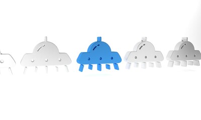 Poster - Blue UFO flying spaceship icon isolated on white background. Flying saucer. Alien space ship. Futuristic unknown flying object. Minimalism concept. 3D render illustration