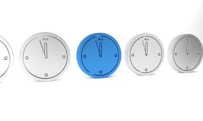 Canvas Print - Blue Clock icon isolated on white background. Time symbol. Merry Christmas and Happy New Year. Minimalism concept. 3D render illustration