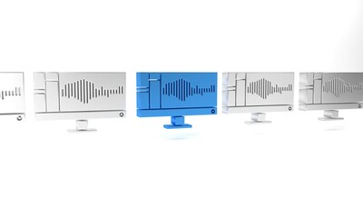 Poster - Blue Sound or audio recorder or editor software on computer monitor icon isolated on white background. Minimalism concept. 3D render illustration